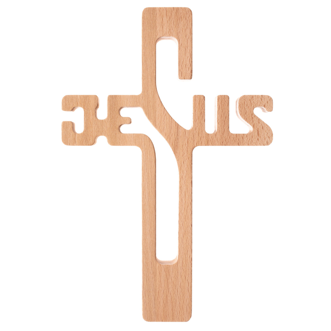 Houten hangend kruis met JEZUS inscriptie natuurlijk 22x14x1.6cm