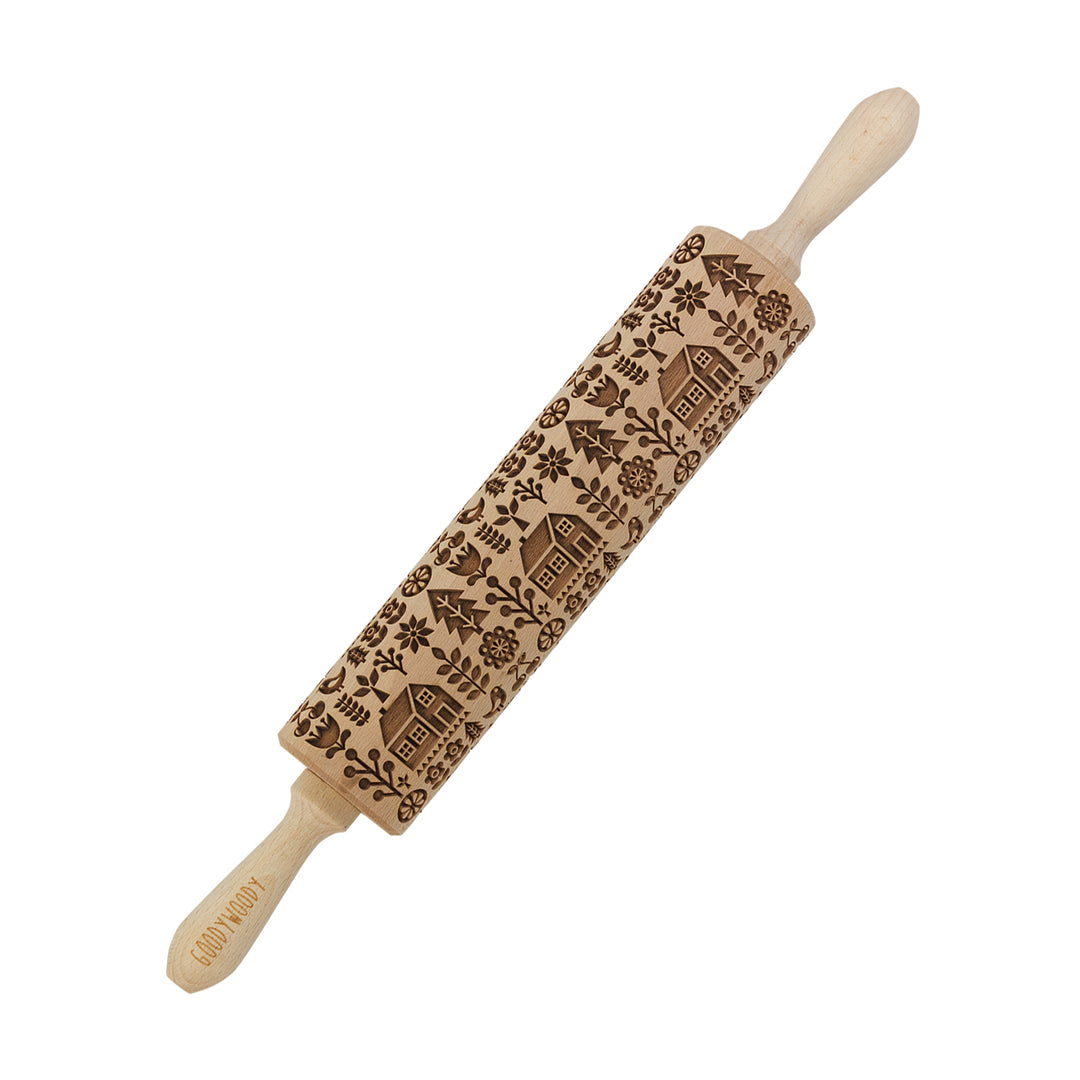 Rouleau à gâteau gravé Goody Woody, 46 cm, bois de hêtre, maison scandinave