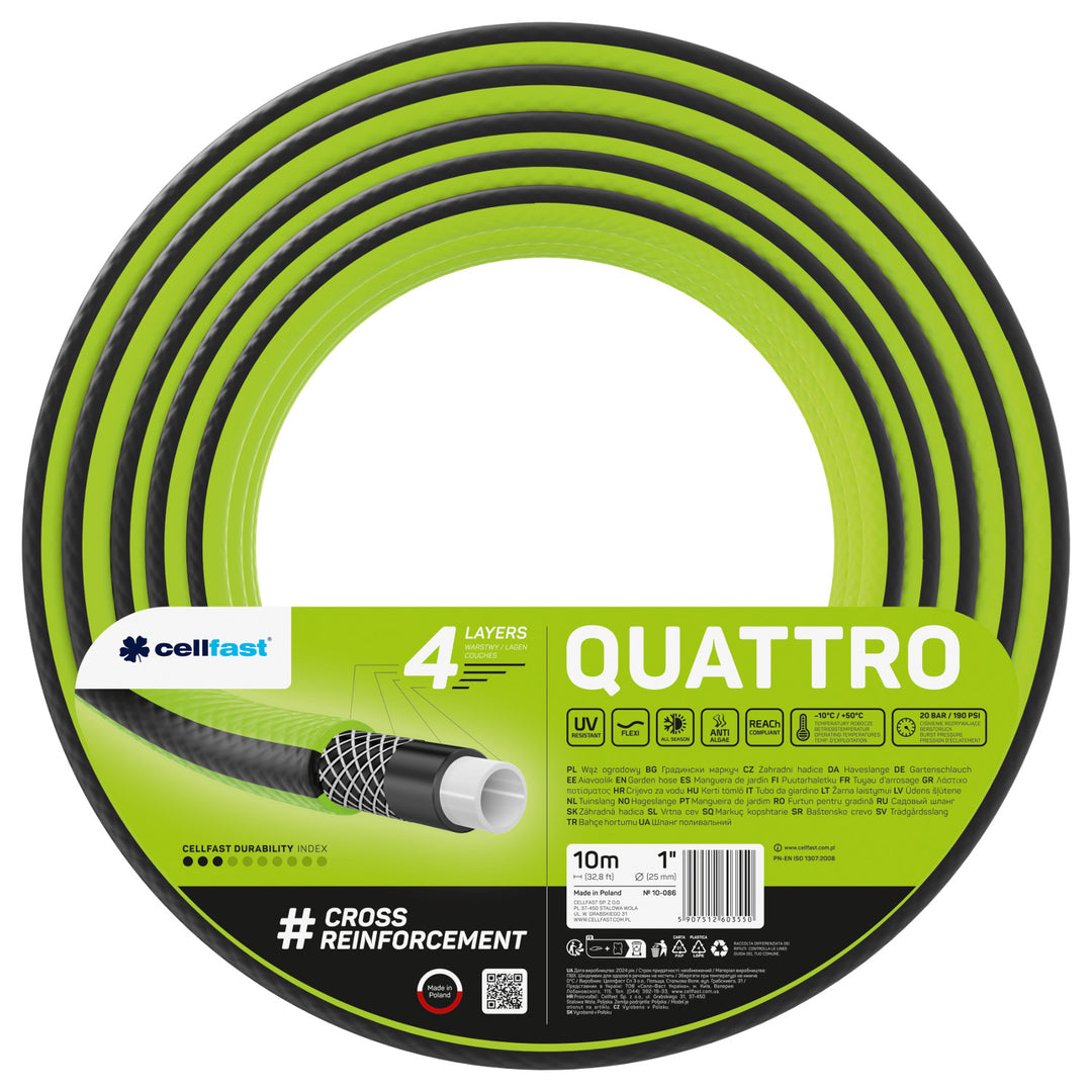Tuyau d'arrosage Cellfast, 1'', 10m, 4 plis, tresse croisée, Quattro