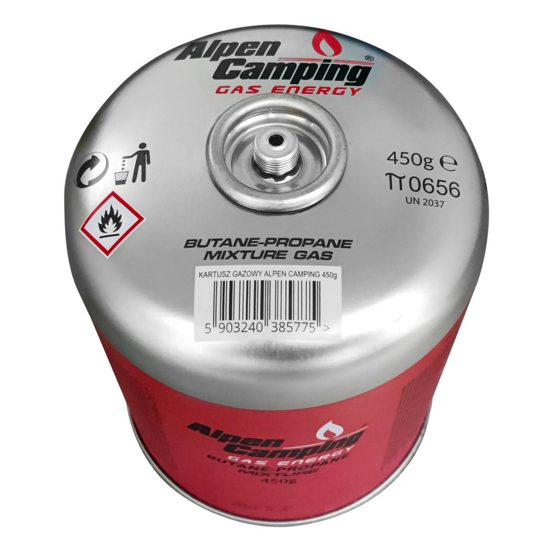 Cartouche de gaz 450g Alpen Camping, certificat : Pi 0437, conforme à la norme EN417, propane-butane, plage de -10°c à + 40°c, valve filetée 7/16" IK020