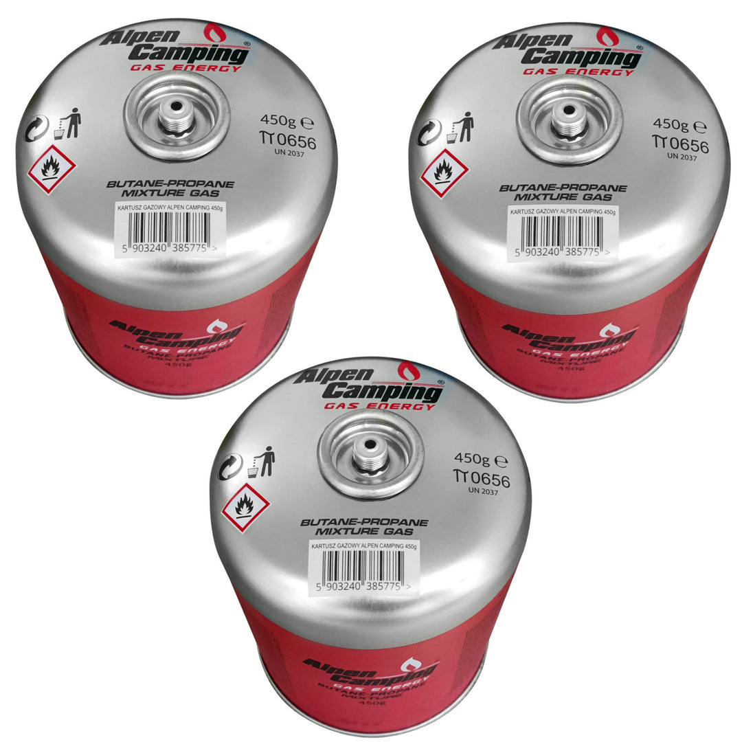 Cartouche de gaz Alpen Camping 450 g. Certificat : Pi 0437, conforme à la norme EN417, propane-butane, plage de -10°c à + 40°c, valve filetée 7/16" IK020, 3 pièces.