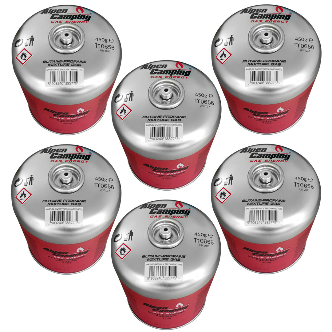 Cartouche de gaz 450g Alpen Camping, certificat : Pi 0437, conforme à EN417, propane-butane, plage -10°c à + 40°c, valve filetée 7/16" IK020, 6 pièces