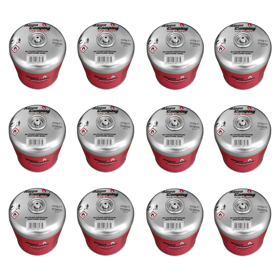 Alpen Camping 450g cartouche de gaz, certificat : Pi 0437, conforme à EN417, propane-butane, plage -10°c à + 40°c, valve filetée 7/16" IK020, 12 pièces