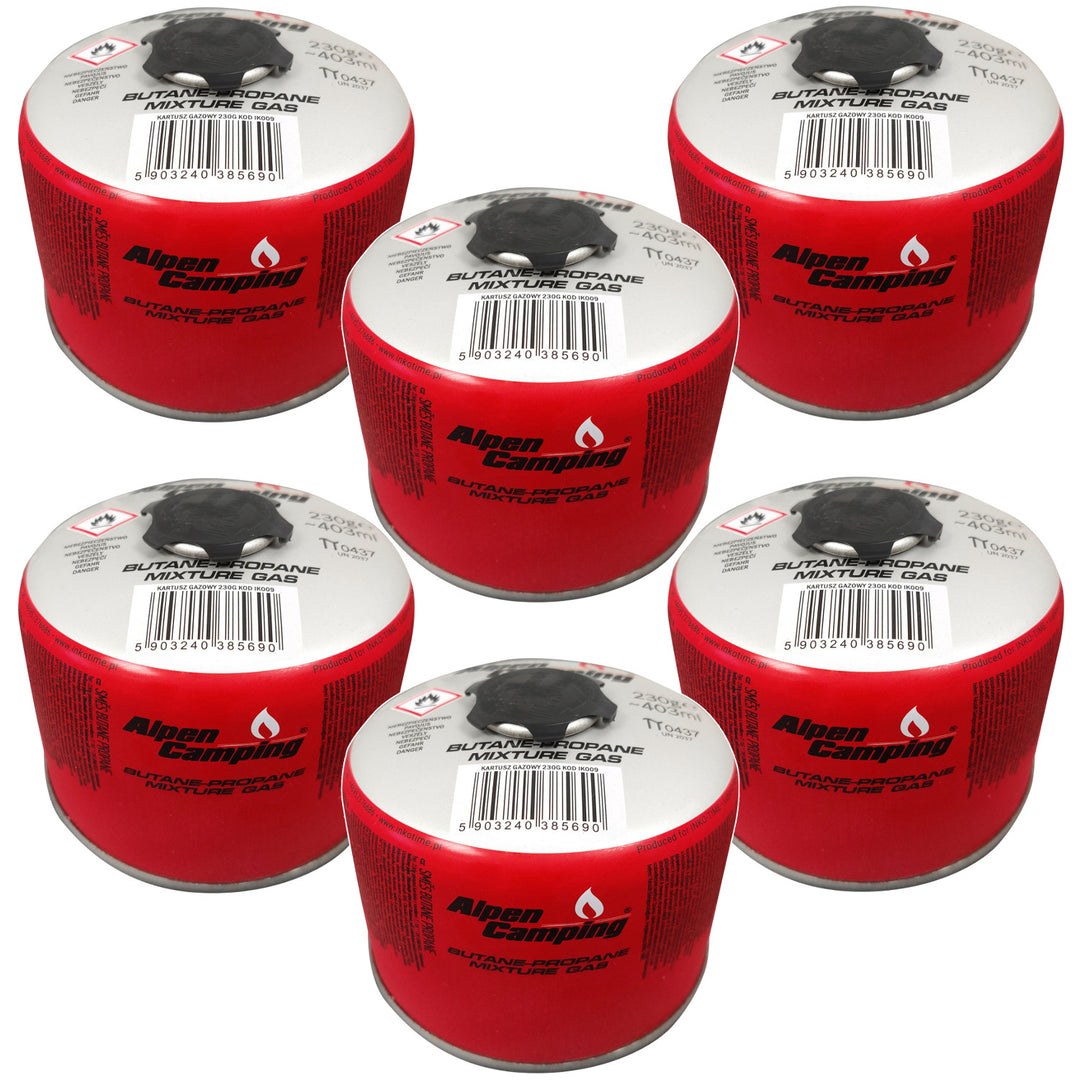 Cartouche de gaz 230g Alpen Camping, certificat : Pi 0656, conforme à la norme EN417, propane-butane, plage de -10°c à + 40°c, valve filetée 7/16" IK009, 6 pièces.