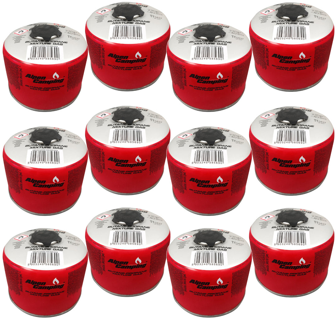 Cartouche de gaz 230g Alpen Camping, certificat : Pi 0656, conforme à EN417, propane-butane, plage -10°c à + 40°c, valve filetée 7/16" IK009, 12 pièces