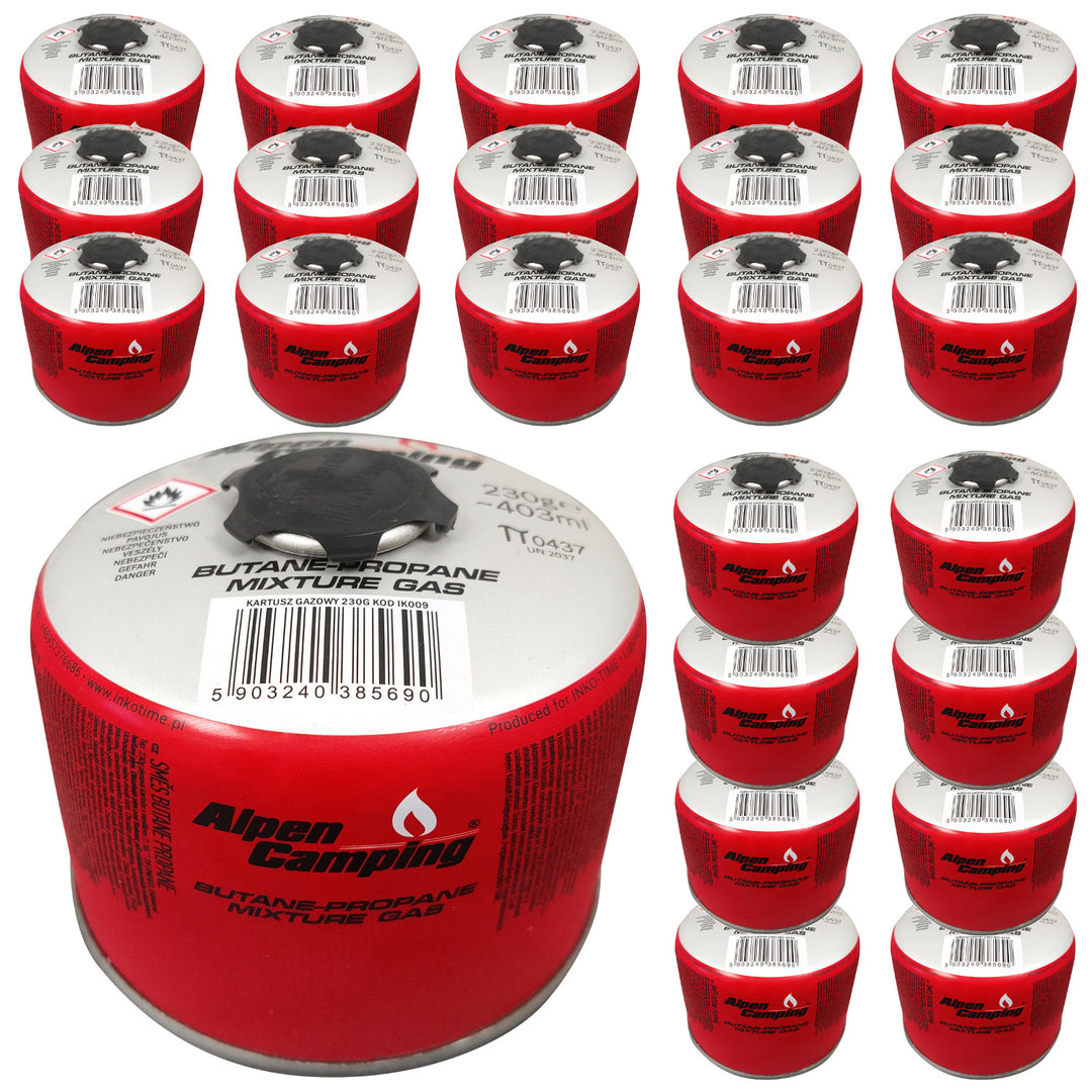 Cartouche de gaz 230g Alpen Camping, certificat : Pi 0656, conforme à EN417, propane-butane, plage -10°c à + 40°c, valve filetée 7/16" IK009, 24 pièces