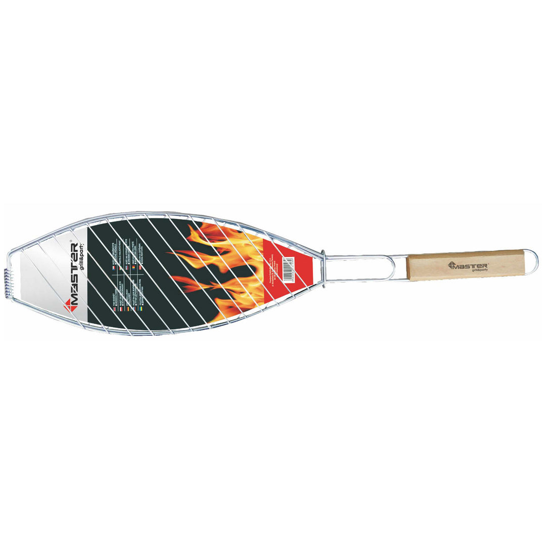 Grille à poisson Master Grill & Party, acier chromé, manche en bois, 68cm, MG148A
