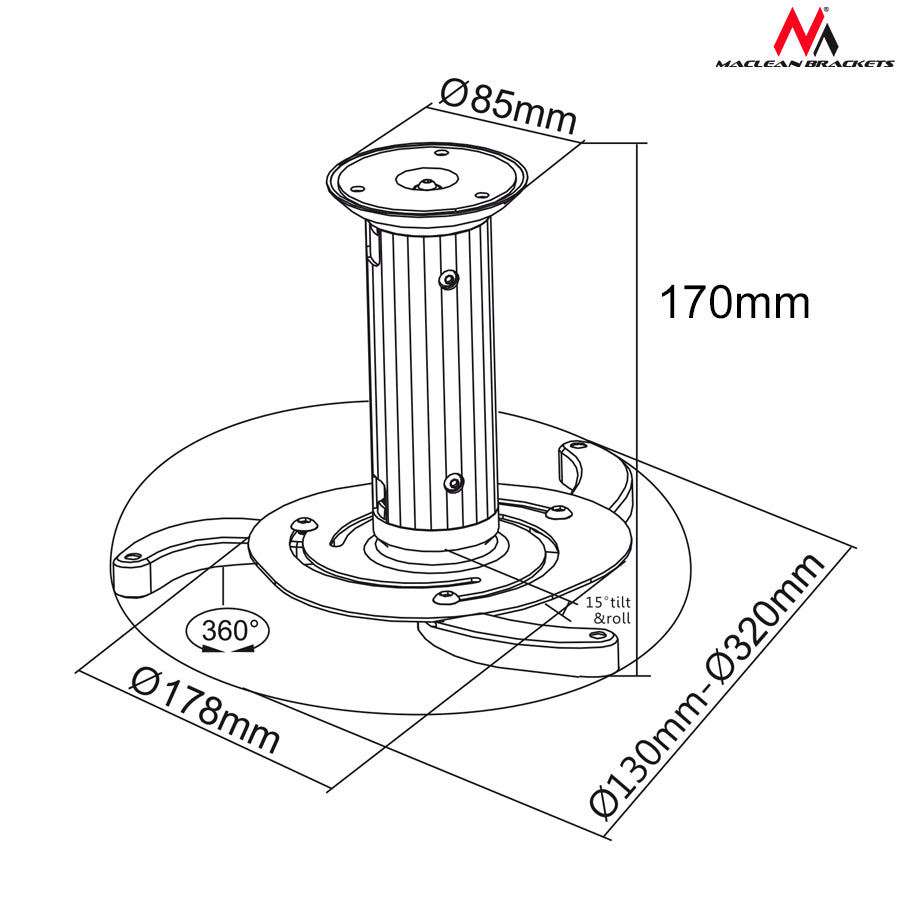 Support de plafond pour projecteur 80-170mm 10kg Maclean MC-515 S