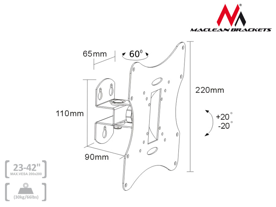 Support mural universel pour téléviseur ou moniteur 23-50" 30kg Maclean MC-501A S