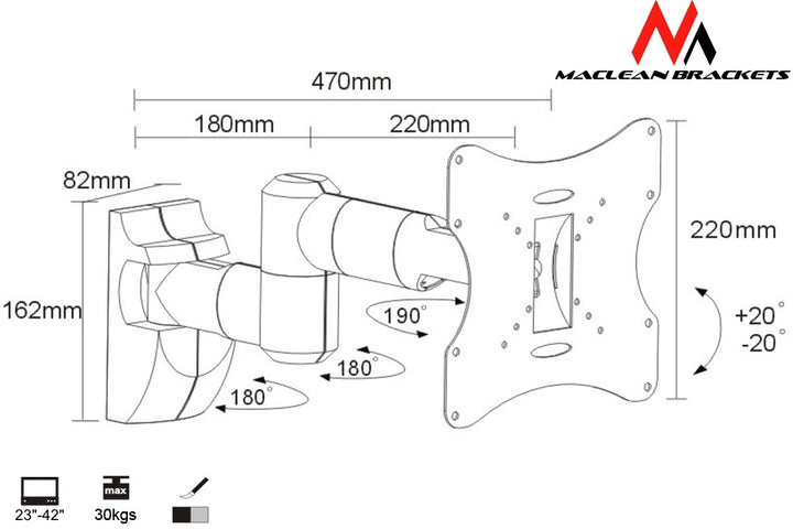 Support pour TV ou moniteur 23-50 "30kg universel argent max vesa 200x200 Maclean MC-503