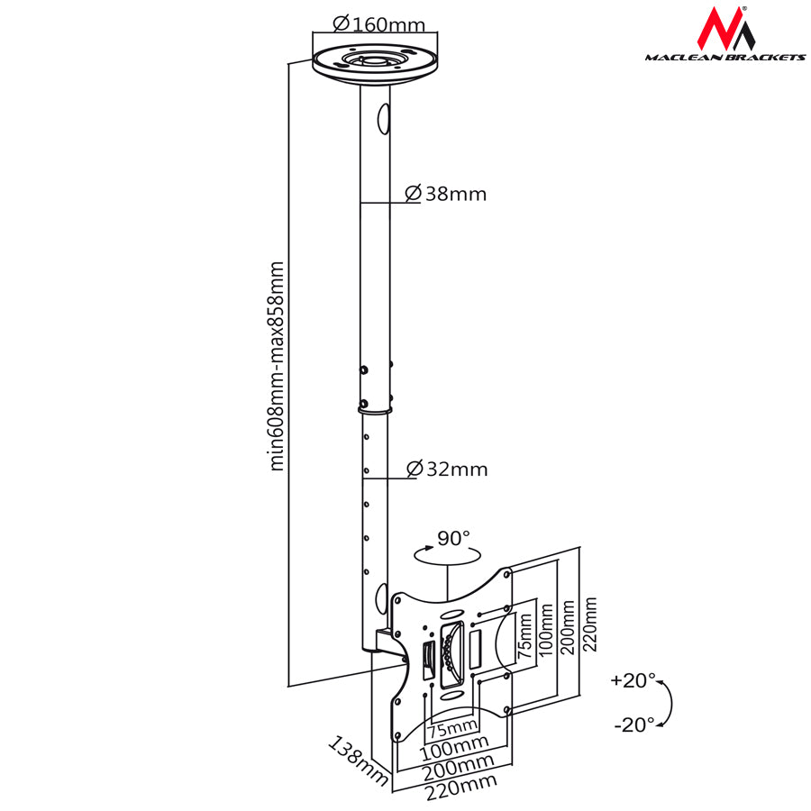 Plafondophangbeugel voor TV 23-42" 50 - 85 cm 30kg Maclean MC-504A B zwart