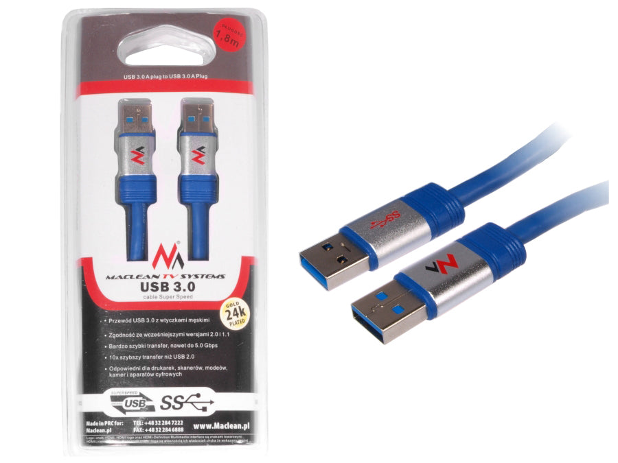 USB 3.0 AM-AM kabel 1,8m blauw afgeschermd Maclean MCTV-606