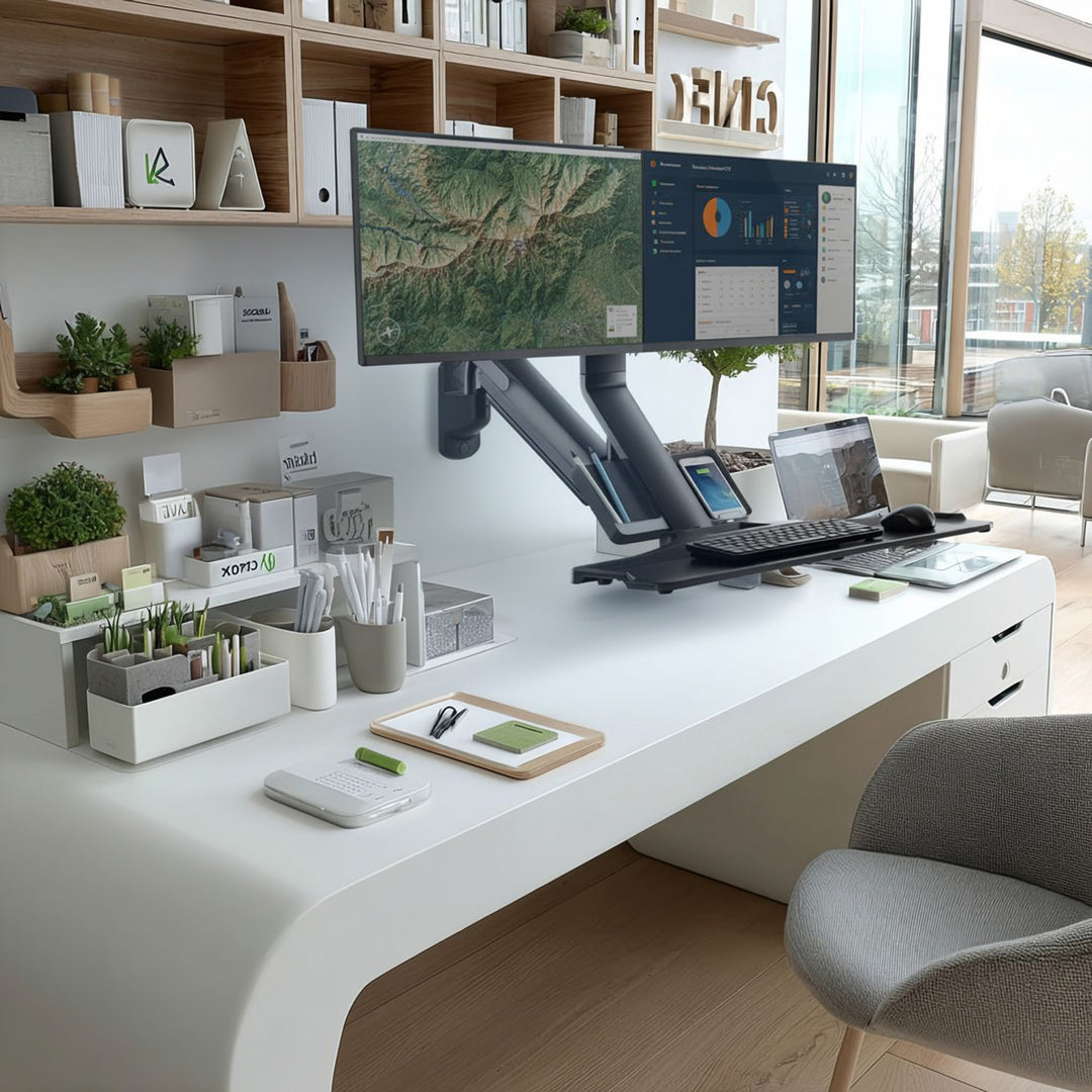 Muurbeugel voor twee monitoren en toetsenbord Maclean MC-633 gasveer, voor 17"-27" monitoren voor zittend en staand werken