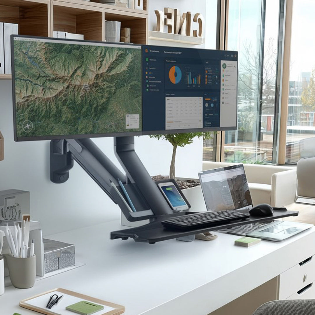 Muurbeugel voor twee monitoren en toetsenbord Maclean MC-633 gasveer, voor 17"-27" monitoren voor zittend en staand werken
