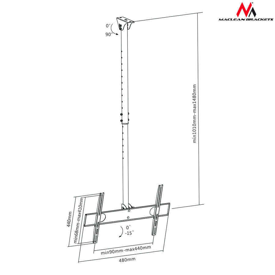 Support de plafond universel pour TV et écrans LCD, LED, plasma 32-65" 50kg Maclean MC-631