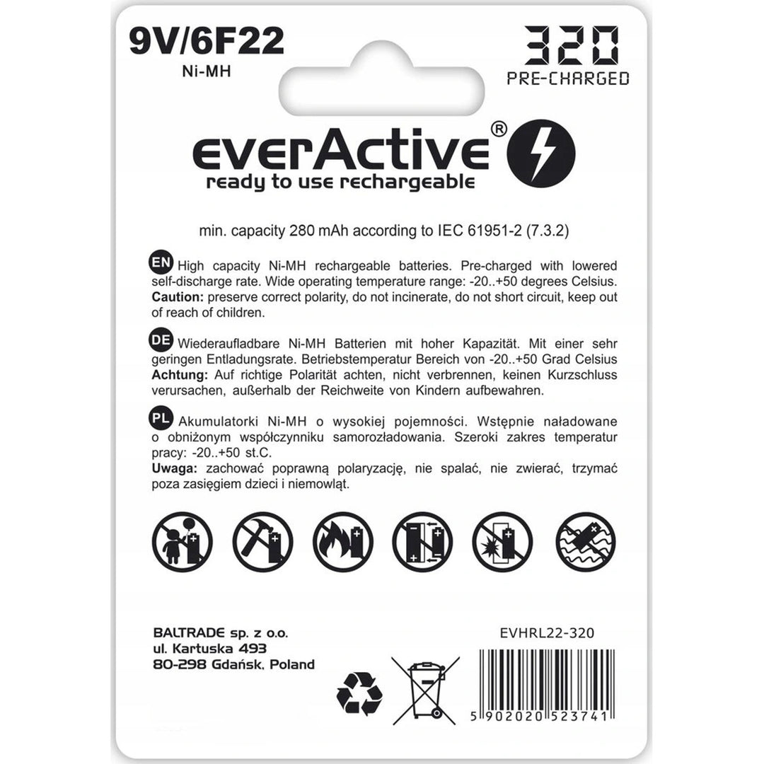 6F22 / 9V Ni-MH 320mAh EverActive oplaadbare batterij
