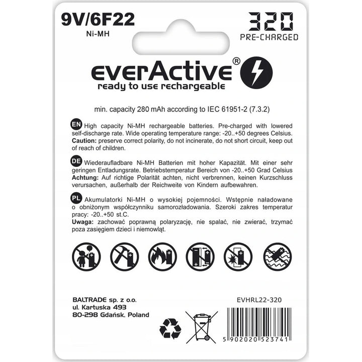 6F22 / 9V Ni-MH 320mAh EverActive oplaadbare batterij