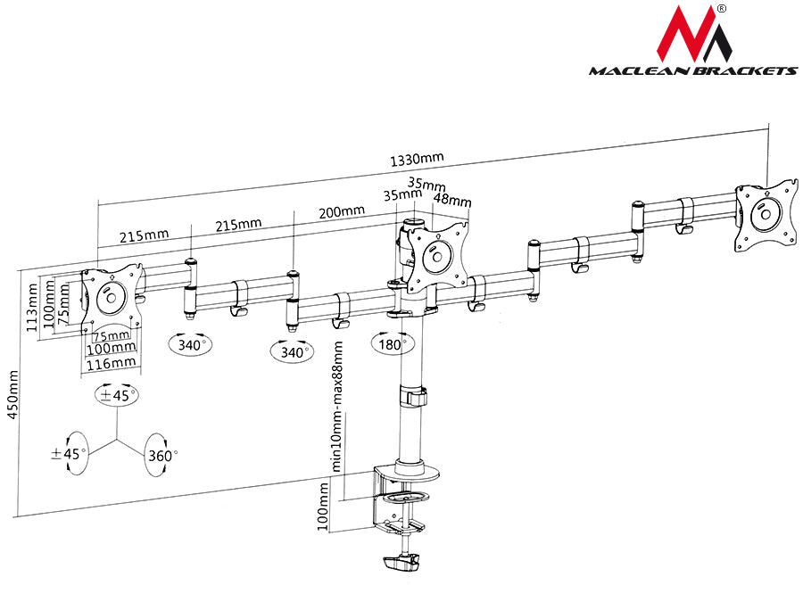 Tafelsteun voor 3 13-27" monitoren, maximale belasting 8kg per Maclean MC-691 steun