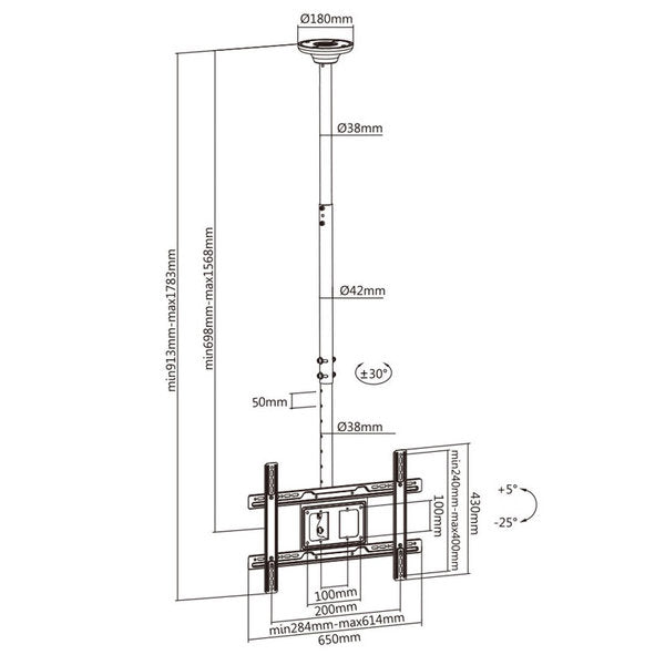 Maclean MC-803 Support de montage au plafond pour téléviseur à écran plasma LCD OLED QLED LED 23-100" max 50 kg max VESA 600x400