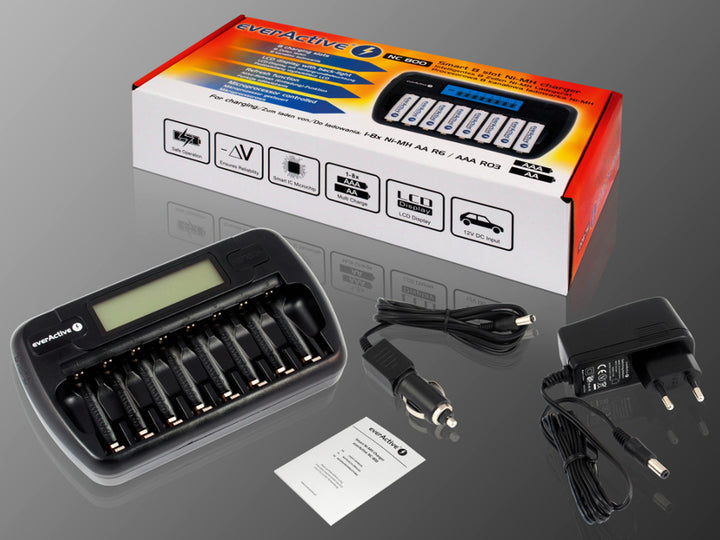 Chargeur de batterie AA et AAA everActive, 8 canaux, écran LCD, NC-800