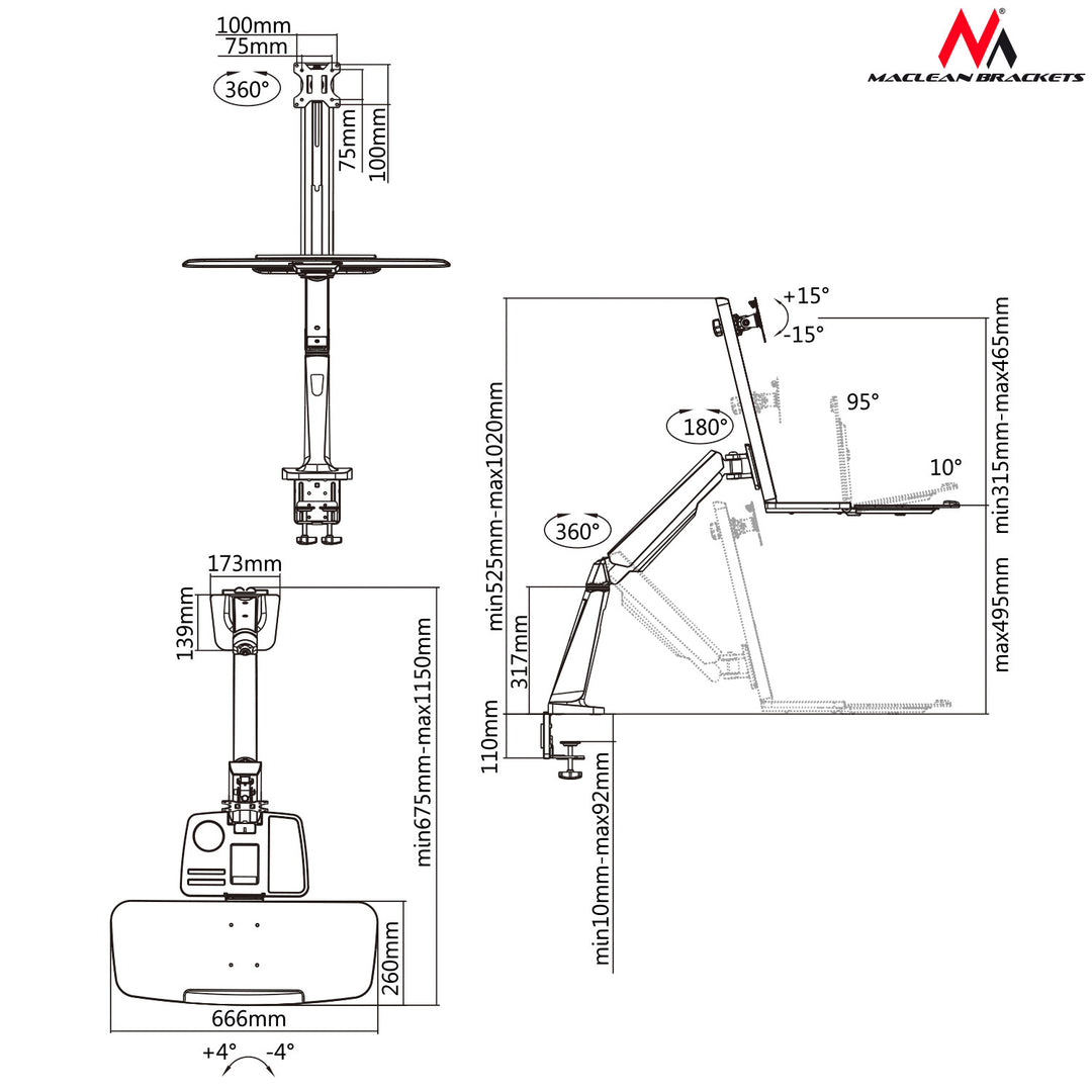 Bureaubeugel voor 13"-32" monitor en toetsenbord, belastbaar 8 kg Maclean MC-728