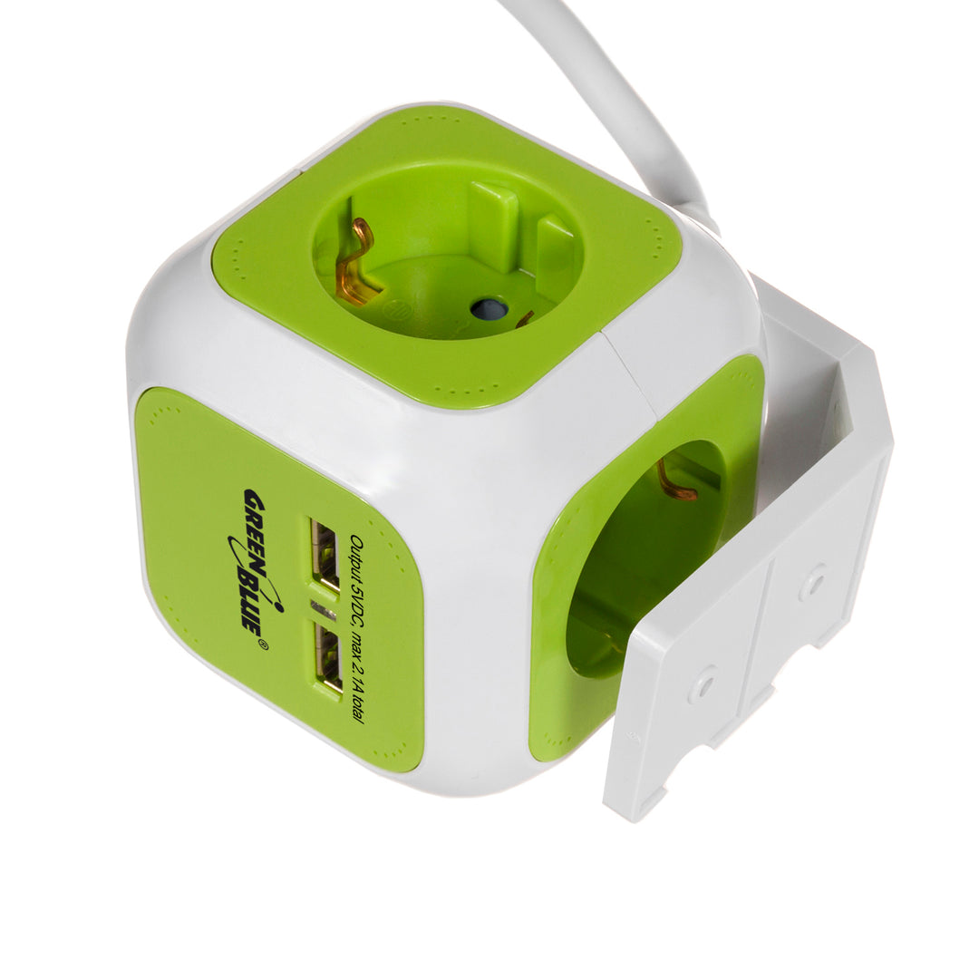 MagicCube viervoudig stopcontact Duitse versie 2 USB-ingangen 1,4m GreenBlue GB118G