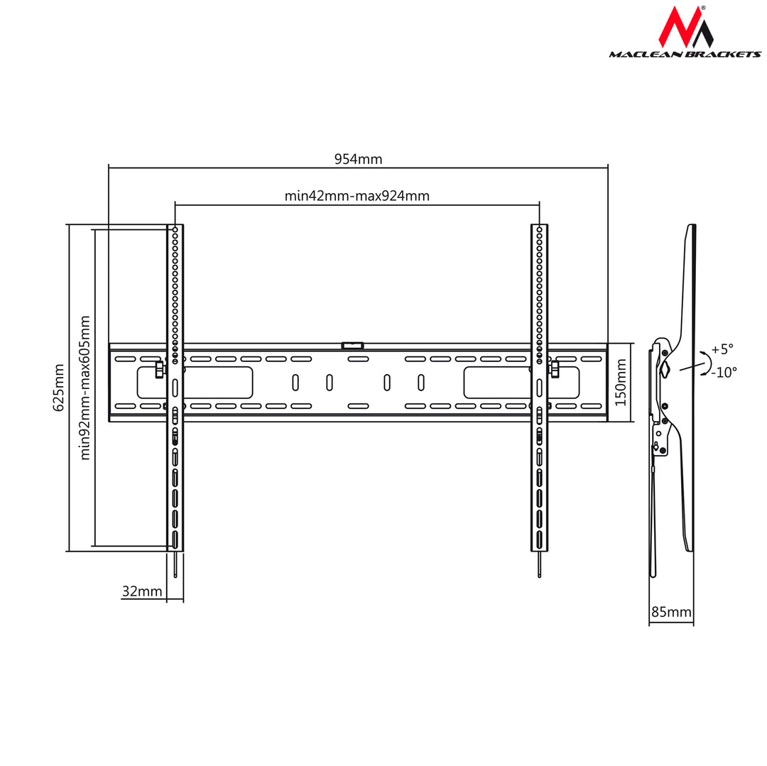 Support mural pour moniteur ou écran LCD / LED TV 60'-100' 70 kg  Maclean MC-750