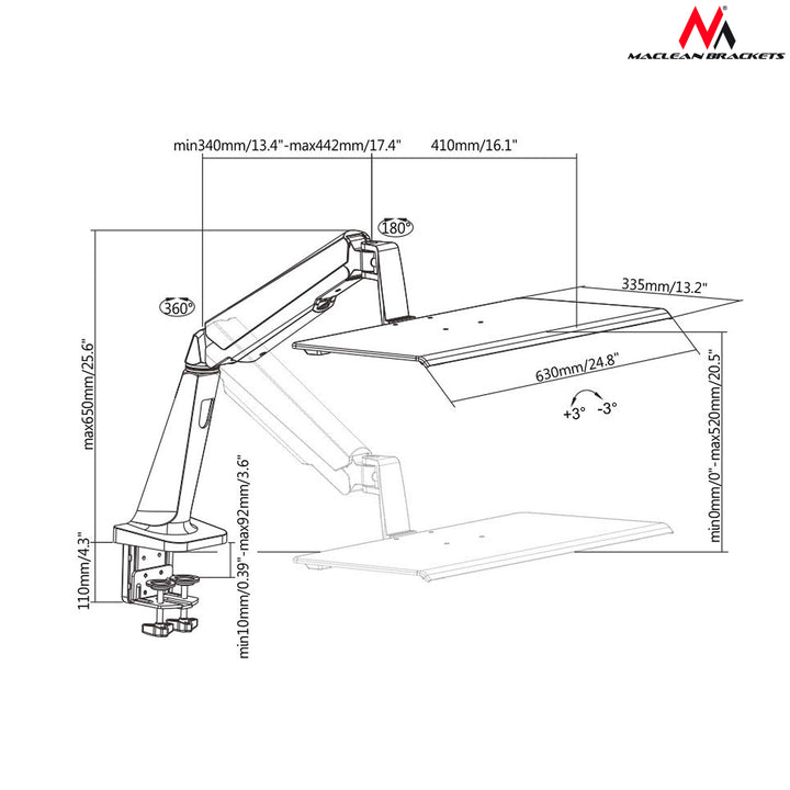 Support de bureau d'ordinateur portable 11 "-15.6" 8kg pour travail assis-debout Maclean MC-767