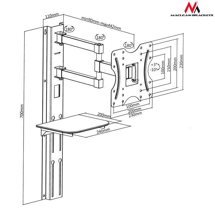 Support TV avec étagère pour DVD Maclean, VESA 200x200, 23"-42", 30 kg, MC-771
