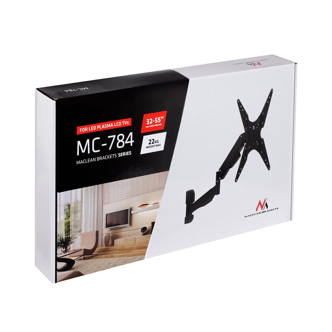 Support TV mural tournant à ressort à gaz pour écrans LCD, LED et plasma 32-55" 22kg 2 bras Maclean Brackets MC-784