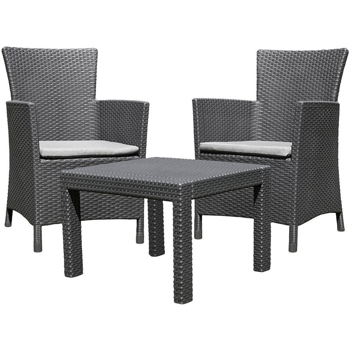 Salon de jardin Allibert avec 2 fauteuils et 1 table en plastique effet rotin Rosario Balcony graphite