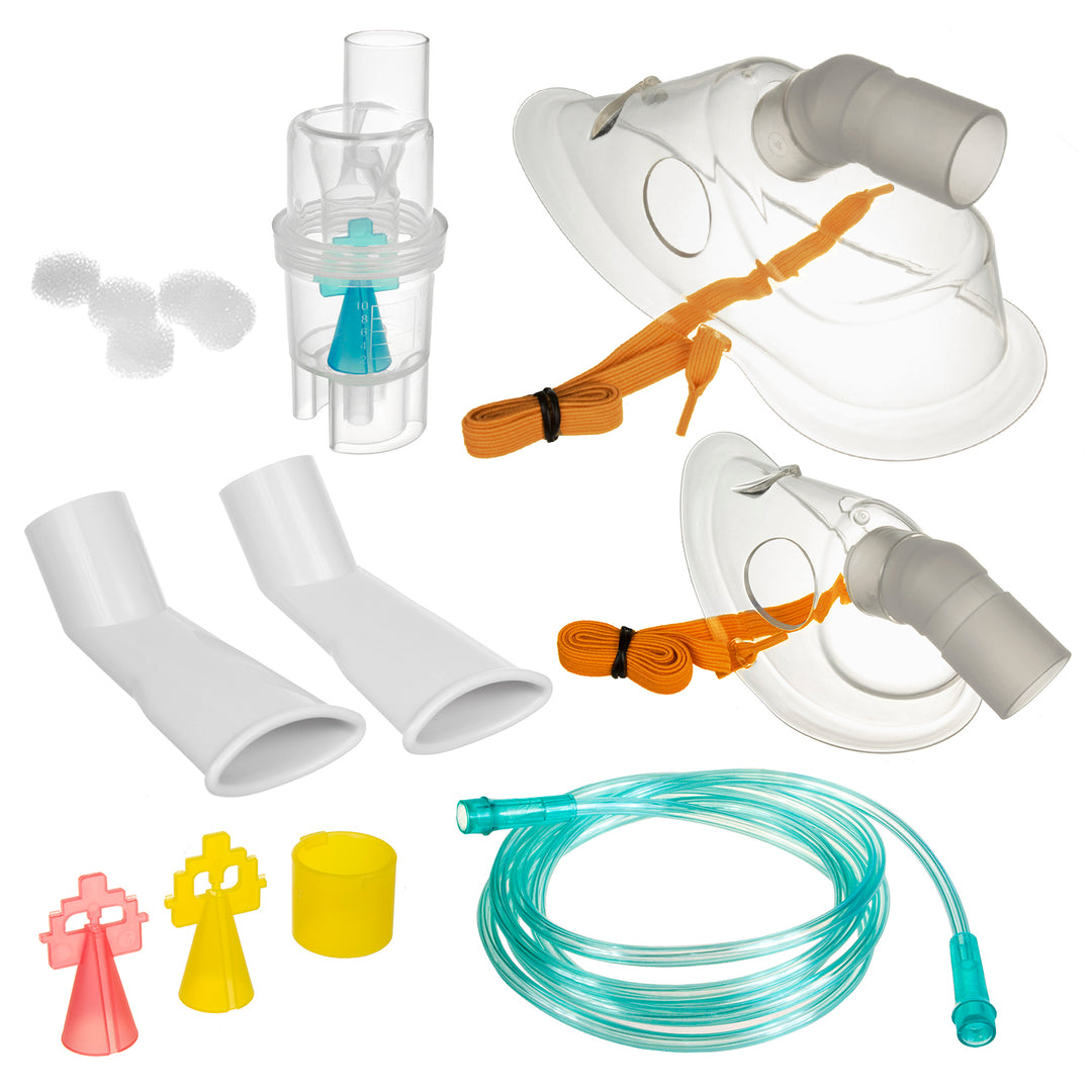 Complete set accessoires voor behandeling met inhalator: maskers, vernevelaar, snoer, filters, neustips