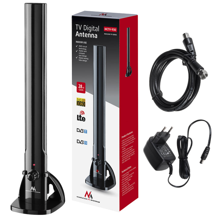 Maclean MCTV-930 TV-antenne voor binnen HDTV-radioantenne DVB-T2 DVB-T2 HEVC DAB FM-versterker 100dBμV Digital Terrestrial