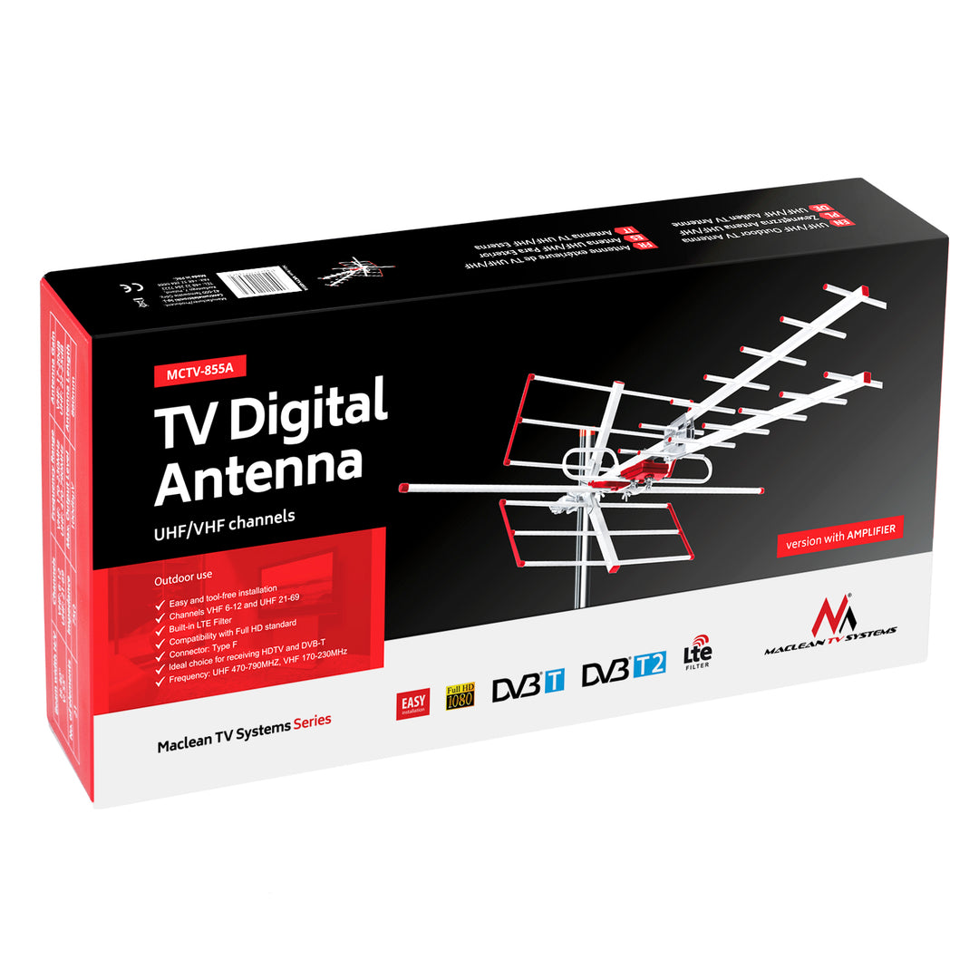 Directionele TV-buitenantenne DVB-T2 HEVC combo UHF VHF actief max. 100dBμV Maclean MCTV-855 Lte-filter