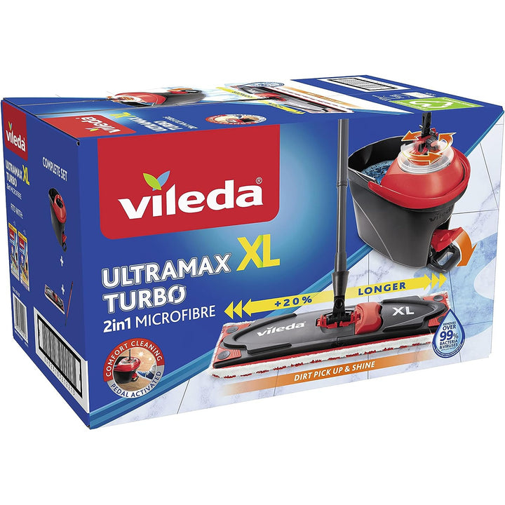 VILEDA ULTRAMAX TURBO XL Ensemble de seau avec un système de tamis rotatif et une vadrouille plate 42 cm