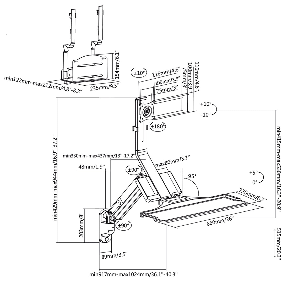 Monitor- en toetsenbord-muurbeugel met gasveer en computer-/CPU-houder 17"-32" 9kg Maclean MC-838