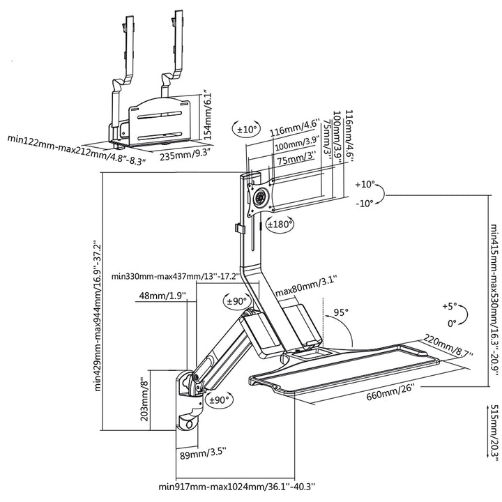 Support mural pour moniteur et clavier avec ressort à gaz et support pour ordinateur / processeur 17 "-32" 9 kg Maclean MC-838