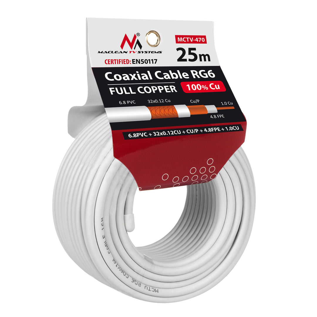 Câble d'antenne coaxial cuivre RG6 25M Maclean MCTV-470