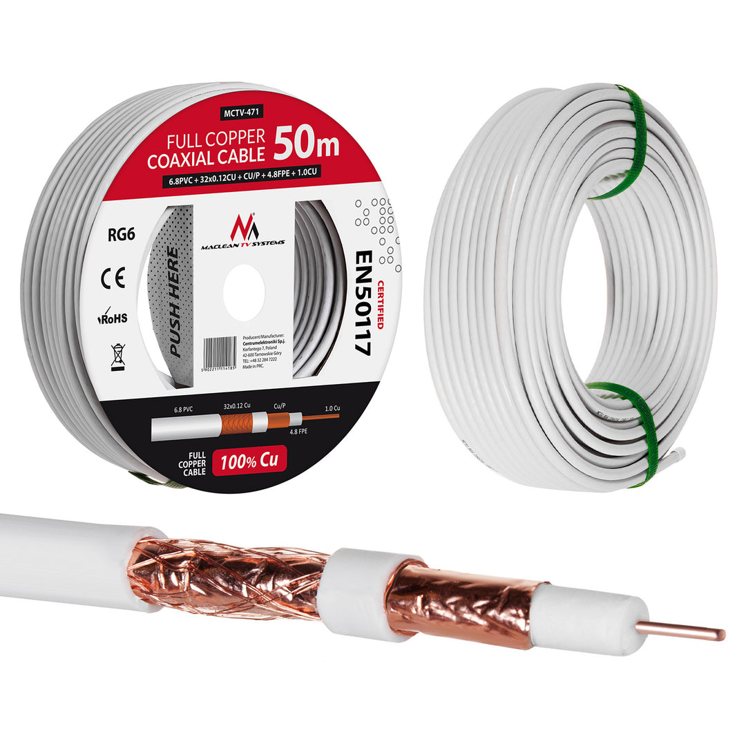 Coaxiale koperen antennekabel RG6 50M Maclean MCTV-471