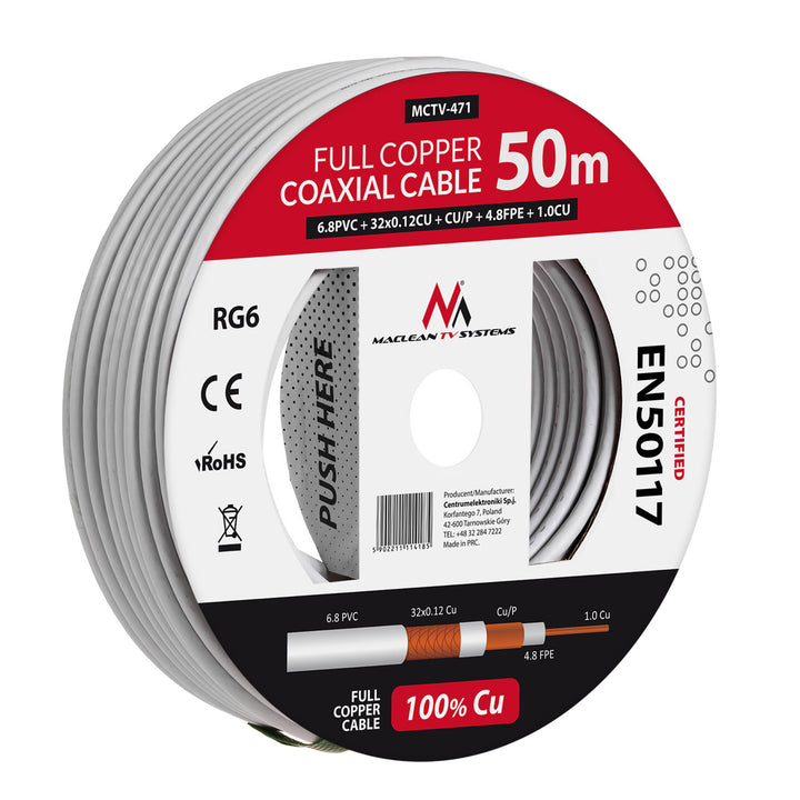 Coaxiale koperen antennekabel RG6 50M Maclean MCTV-471