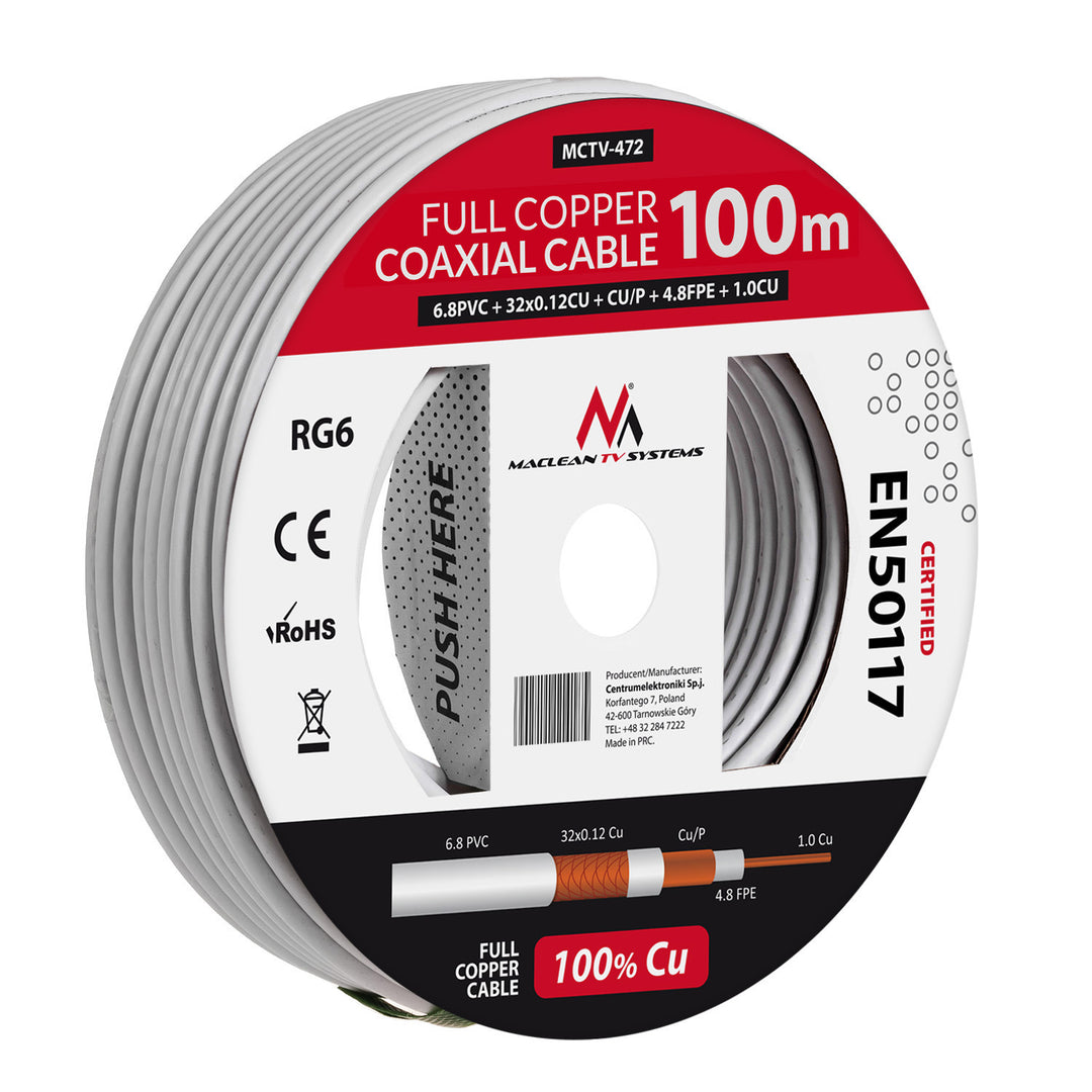 Câble coaxial d'antenne cuivre RG6 100M Maclean MCTV-472