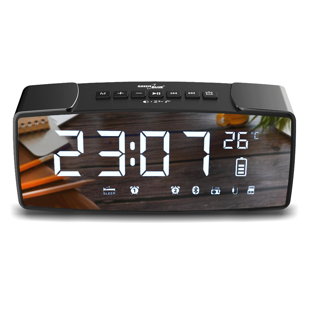 GreenBlue GB200 Bluetooth 4.2 wekkerradio, FM, Aux-ingang, 6W, temperatuur, wekker, klok, 2200mAh batterij