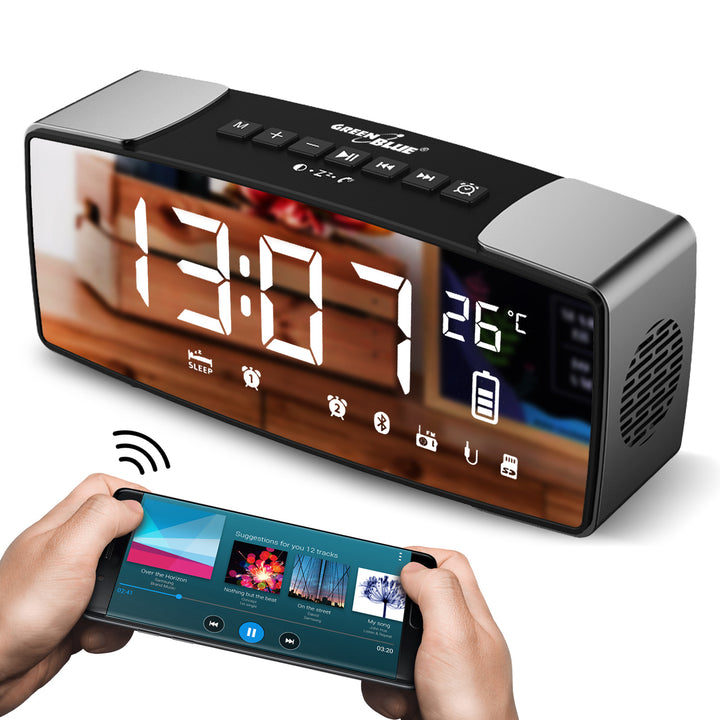 GreenBlue GB200 Bluetooth 4.2 wekkerradio, FM, Aux-ingang, 6W, temperatuur, wekker, klok, 2200mAh batterij