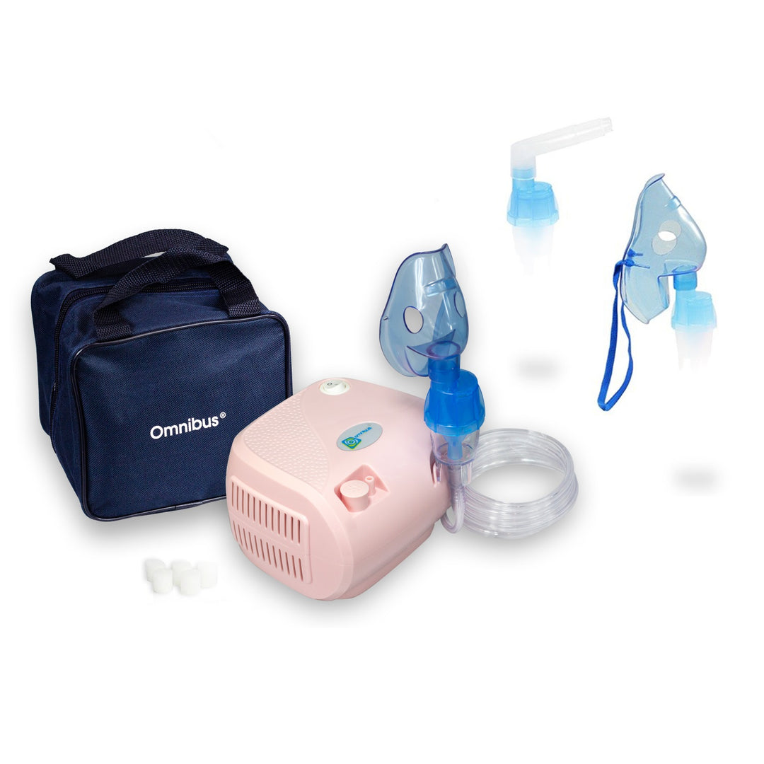 Vernevelaar-inhalator met maskers, slangen en filters roze Omnibus BR-CN116B