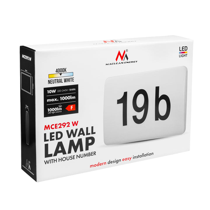 Lampe LED Maclean, numéro de maison, avec capteur crépusculaire, blanche, 10 W max., IP65, couleur neutre (4 000 K), 1 000 lm max., MCE292 W