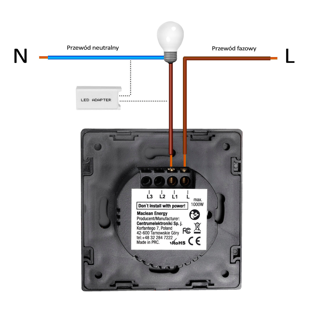 Wit glazen LED-aanraaklichtschakelaar met vierkante knop Maclean Energy MCE701W