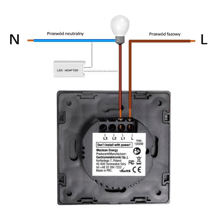 Interrupteur d'éclairage tactile LED en verre blanc avec bouton carré Maclean Energy MCE701W