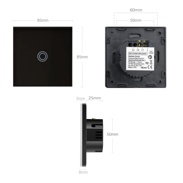 Maclean Energy MCE702B Enkelvoudige zwart glazen touch-wandlichtschakelaar met ronde knop