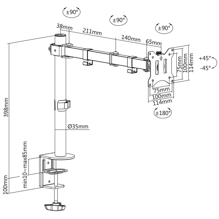 Verstelbare bureausteun voor 17-32" LCD-monitor 8kg vesa 75x75 en 100x100 dubbele arm Maclean MC-883