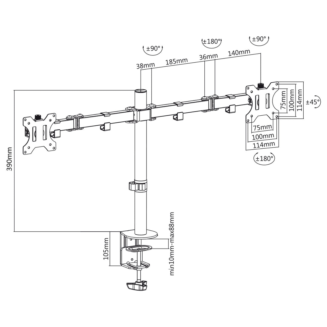 Bureaubeugel voor 2 Maclean MC-884 LCD monitoren 17-32" 2x8kg (max 16kg) vesa 75x75 en 100x100